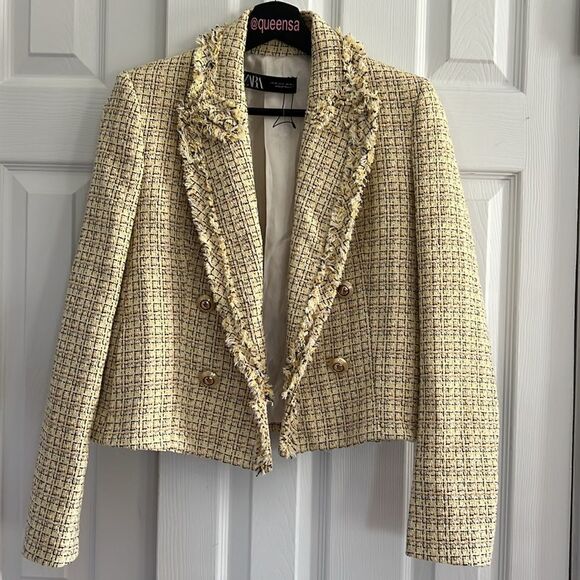 ZARA Double Breasted Tweed Weave Cropped Jacket - Picture 12 of 16